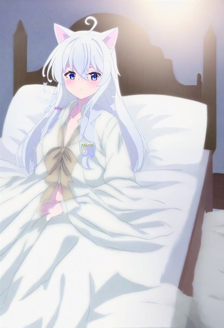 Elaina from majo no tabi tabi, White haitr, Blue eyes, cat ears((in the room, bedroom, at night)) HD, FULL HDR, 4k quality