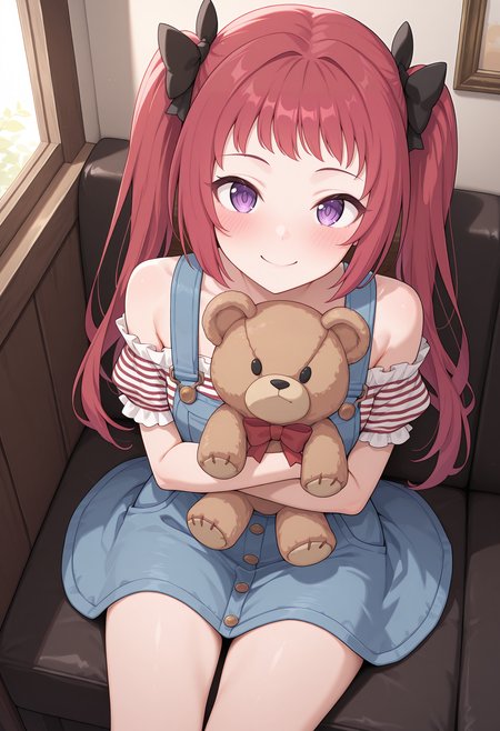 highres, best quality, masterpiece, indoors,
1girl, solo, rlpayane, twintails, red hair, long hair, purple eyes, hair bow, black bow,
blue overalls, overall skirt, sleeveless dress, bare shoulders, off-shoulder shirt, frilled shirt, red stripes, striped shirt, buttons, short sleeves, thighs,
blush, smile, looking at viewer, 
sitting, holding teddy bear, from above,
<lora:_ayane_pcr-elesico-ilxlA-000014:1>
