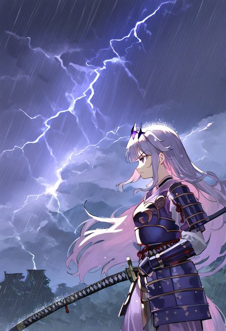 score_9, score_8_up, score_7_up, hadrian, source_anime, 1girl, thunderstorm, rain, lightning, <lora:ChamKosekiBijouPonyXL:0.8> KosekiBijou, long hair, hair flaps, floating headpiece,  <lora:samurai_armor_pony:1.1> samurai, purple clothes, holding katana, serious