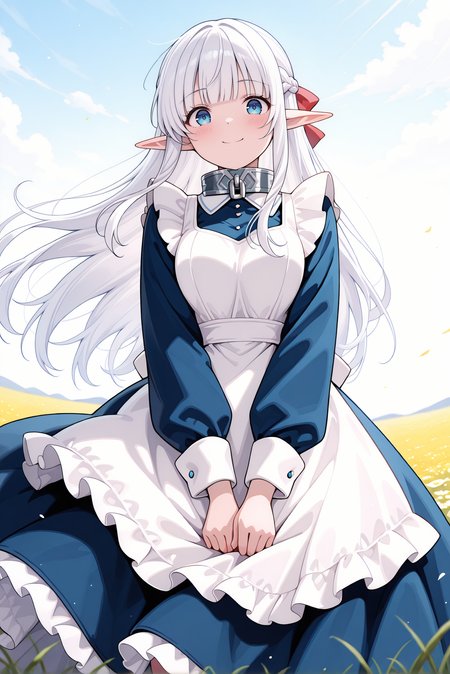 masterpiece, best quality, very aesthetic, absurdres, ultra-detailed, highly detailed, cowboy shot, shiny skin, wind lift, from below, blush, (long dress:1.2),  frilled dress, dress tug, 
meadow, wind, outdoors, smile, looking at viewer, standing,
<lora:Nephelia-08:1> nephelia, 1girl, long hair, white hair, braid, pointy ears, french braid, elf, blue eyes, ribbon, apron, sidelocks, dress, bow, hair ribbon, maid, hair bow, frills, blunt bangs, blue dress, white apron, collar, red bow, metal collar,
<lora:illustrious_noobai_epsilon_pred_11_very_aesthetic_v1_1029791:1>
(lazypos:0.7)
