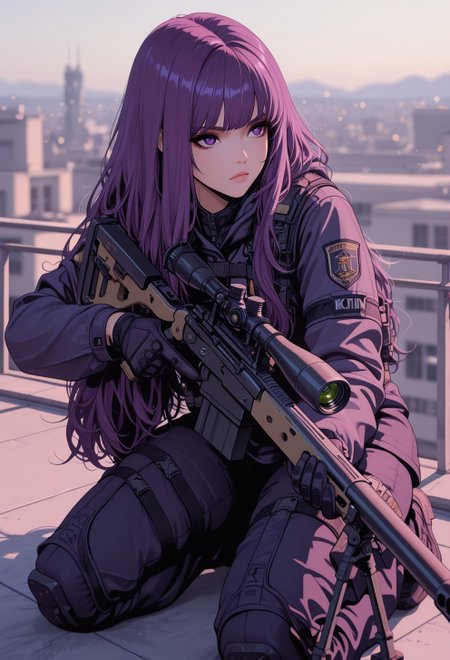 <lora:ck-nc-cyberpunk-IL-000011:0.3>,  masterpiece, best quality, good quality, very aesthetic, absurdres, newest, 8K, depth of field, focused subject, 1girl, kneeling on rooftop, purple messy long hair with bob-like layers ,trigger discipline, sniper rifle, in the style of cknc, in the style of ck-rw
<lora:MoriiMee_Gothic_Niji_Style_Illustrious_r1:0.5>
<lora:ck-neon-retrowave-IL:0.4>
<lora:ck-shadow-circuit-IL:0.7>