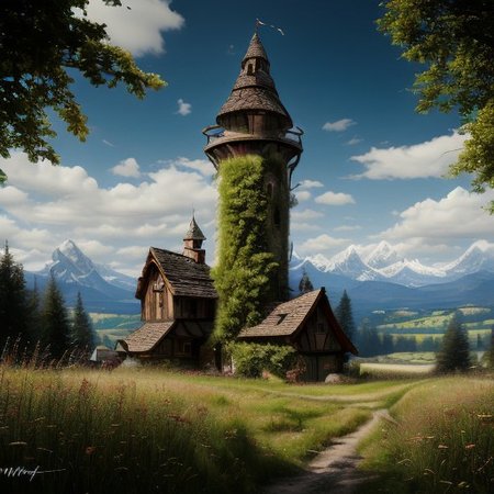 realistic analog photo, award winning photo, 
fantfa, background, mountain, trees, foreground, field, house, farm, farmland, witow, a wizard tower, blue sky
high-quality, crisp, sharp, professional-grade, high-resolution, fine detail, accurate colors, low noise, fast shutter speed, wide dynamic range, precise focus, RAW, highres, 8k, uhd, High Dynamic Range, tonemapping, crisp details,