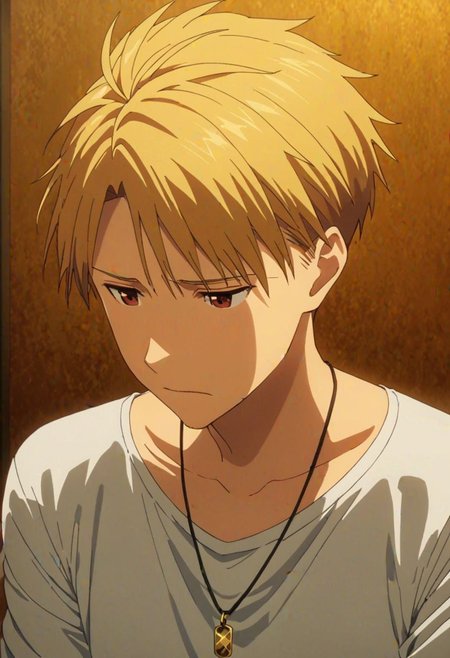 Yamato Ishida, masterpiece, best quality, (1boy), solo, male focus, High definition, Blonde hair, 4K, sad, looking down, Necklace
