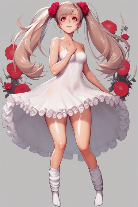 score_9, score_8_up, score_7_up, 1girl, watson cross, looking up, happy, beige hair, wispy_bangs, uneven_twintails, red eyes, medium breasts, shiny skin, strapless dress, sheer, lace, frills, ribbon, pentacle, loose socks, Windflower \(flower\), floral background, hands_on_own_chest, halftone background, foggy atmosphere <lora:destiny_c_PonyXL_style_v02.07.01.10.05:1>