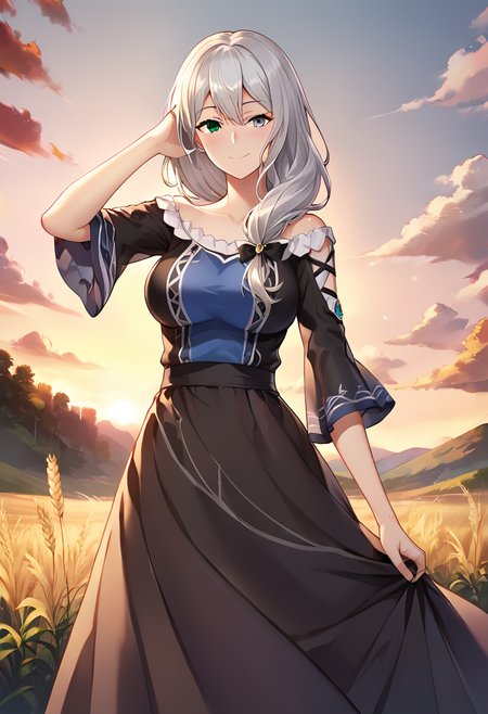 alfia_danmachi, heterochromia, green eye, grey eye, long hair, silver hair, breasts, official art,  mother dress, blue black dress, tied hair, hair over shoulder, long skirt, blue black skirt, BREAK outdoors,sunset, wheat field, BREAK  looking at viewer, smile, cowboy shot, dynamic pose, hand near face BREAK score_9, score_8_up, score_7_up, source_anime ,zPDXL, perfect hand,  <lora:Alfia:0.8>