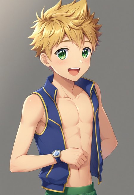 semi-shirtless, blond hair, short hair, kenji sato, spike hair, solo focus, subtle muscle definition, wear white open clothes, sleeveless wear blue watch on the left hand, happy expression, young male,