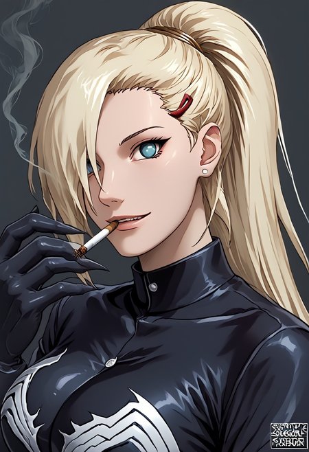 score_9, score_8_up, score_7_up, score_6_up, source_anime,rating_explecit,anime coloring, 1girl ,   details, <lora:Expressive_H:1>   <lora:She Venom LoCon:1> she venom, black detailed bodysuit, full black suit, black suit, big symbols spider , perfect symbols spider, big logo spider white on suit<lora:Symbiote:0.6>,large breast,solo, 1girl, yamanaka ino, hair over one eye, ponytail, hairclip, blonde , long hair, very long hair,silky hair,blue eyes, room solo, walking, crazy smile, black slime almost cover half face,hand , smoking pose,