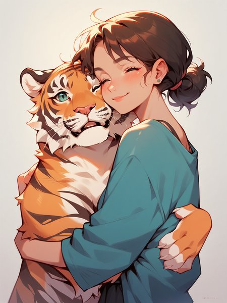 score_9, score_8_up, score_7_up, score_6_up,  <lora:p3tl0v3XLP:1> p3tl0v3, 1girl, hugging tiger