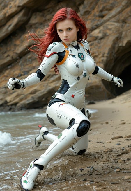 PonyScores7, masterpiece, high quality <lora:age_slider_v4:4>, detailed eyes,detailed_background,outdoors,science fiction,gloves,mecha pilot suit,breasts,red hair,1girl,christina mackenzie,green eyes,pgmajimaji,looking at viewer,highres,gundam 0080,long hair,earth federation,pilot suit,gundam,solo, (action shot:2)