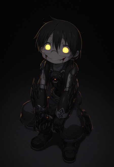 masterpiece, best quality, amazing quality, riko \(made in abyss\), black hair, blank eyes, glowing eyes, semi-rimless eyewear, long hair, low twintails, xdive, android,, full body, detailed background, black background, antiKH, spot color, neon palette, heartless, mouth closed, glasgow smile, no teeth, (horror:1.4), peering at the user, dark, solo, sharp claws,