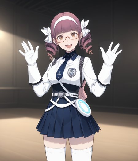 score_9, score_8, score_7, cowboy shot, solo, 1girl, <lora:Mana_Kawai_PXL:1> mana_kawai, twin drills, half-rim glasses, brown eyes, white shirt, necktie, belt, white gloves, pleated skirt, white thighhighs, waving, happy BREAK indoors, sci-fi, white ceilings, white floor, artificial lighting