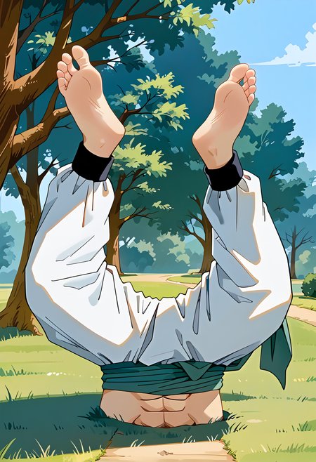 (score_9:0.9),score_8_up,score_7_up,rating_safe,unaestheticXL_3x3,anime style,(zPDXL),  <lora:checkpoint-e62_s930:1>, 1boy, gotenks, green sash, white pants, baggy pants,  green gaiter, barefoot, feet up,  ground, day, <lora:ichizoku_pose_pony:1>, ke_no_ichizoku_pose, parody, outdoors, upside-down, leg up, legs, lower body,