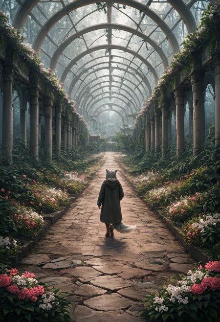 score_9, score_8_up, score_7_up,  fullbody, 1girl, furry, anthro, gray fur, wolf tail, wolf, solo, fullbody, backview, looking arround in wonder, masterpiece, best quality, very aesthetic, close up, gray hair, gray twin braids, green eyes, standing in the ruins of botanic garden with glass ceiling, overgrown, trees, flowers, plants,  broken glas, snow patches ray of light, dark sky, low light, white snow, (postapocalyptic city), d, dark, worried, concerne, ragged winter clothes