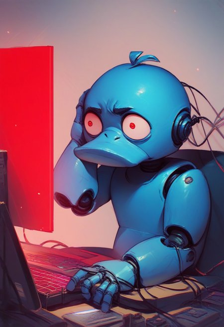 score_9, score_8_up, score_7_up, score_6_up,  blue robot psyduck in a control room, holding own head, red tired eyes, red screen, errors, fire, sitting on a computer, wires in hands, looking at scren, wide eyed