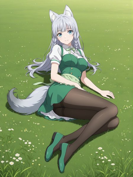 (waitress green dress apron pantyhose green flats:1.50), 
km-shigure, blue eyes, grey hair, bangs, long hair, wolf ears, wolf tail, 
medium breasts, 1girl, 
(masterpiece, highres, ultra-detailed,very aesthetic, best quality, absurdres, high quality, highres), 
light smile,
,
(:1.10), 
BREAK,
field,
,
(solo:0.80), (skinny:0.8),
(),
<lora:km-shigure-V04-illXL:0.60>