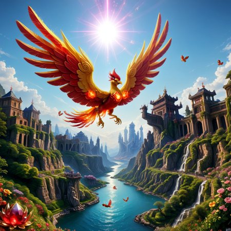 score_9, score_8_up, score_7_up, (Phenomenal Phoenix from pink and red crystals flying in the sky in its splendor, intense pink and red glowing aura on the phoenix's body, powerful energy reside inside the core of phoenix's body and the phoenix's eyes radiating blazing heat:1.37), strong focus on subject, Futuristic space suit with integrated HUD and environmental sensors, strong bokeh, masterpiece, flawless complexion, top quality, best quality, ultra-realistic, ultra-detailed, 8k, highest resolution, surreal, incredibly lifelike, real life photo reality, lots of colorful kinds of beautiful flowers, bunches of tiny little animals, tiny birds and butterflies flying around, fish jumping in the air, wisdom tree, sunlight, perfect shadow, perfect panorama photo, lakes, meadows, best artistic scenery, colorful, rich colors, perfection artistic, uncanny realism, realism pushed to extreme, outstanding clear photo quality, immaculate-micro-details phoenix, intricate details, awards winning legendary almighty beast photography, 360 View, 360, micro details photography, shot on Canon EOS 5D, glamour photography, radiant god rays, Ilford HP5 Plus, Photographers by Tim Walker, technicolor, digital art, depth of field, Ancient temple,, spectacular, fabulous, top quality photo, intricate details, imagine awards winning photography, (distant view:1.6)