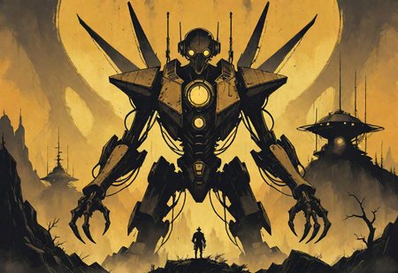 a stylized vintage robot standing in front of a huge menacing vintage steampunk mecha with tech tentacles, antennas and drones, in an alien landscape, western, hyper detailed, sci fi, minimalist_sci-fi_dystopia