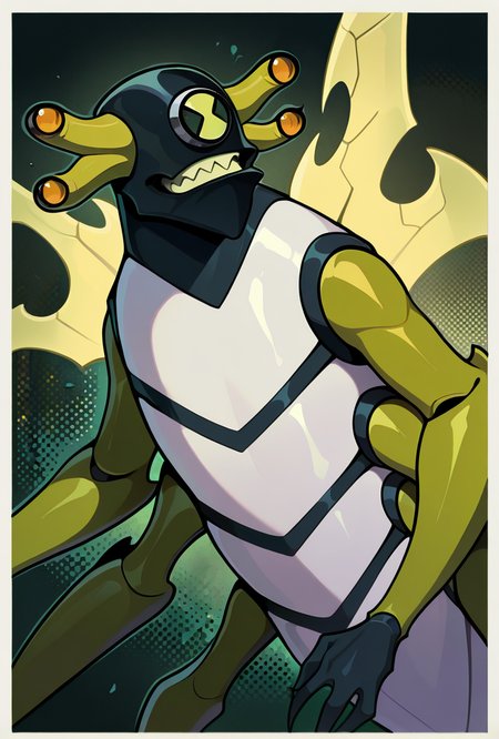 <lora:stinkfly-07:1> stinkfly, solo, no humans, monster, bug, yellow insect wings, pokemon (creature),black gloves, green arms , sharp teeth, arthropod legs, antennae, masterpiece, best quality, amazing quality, very aesthetic, absurdres, newest,, upper body, halftone effect, white borders, abstract background:1.2,