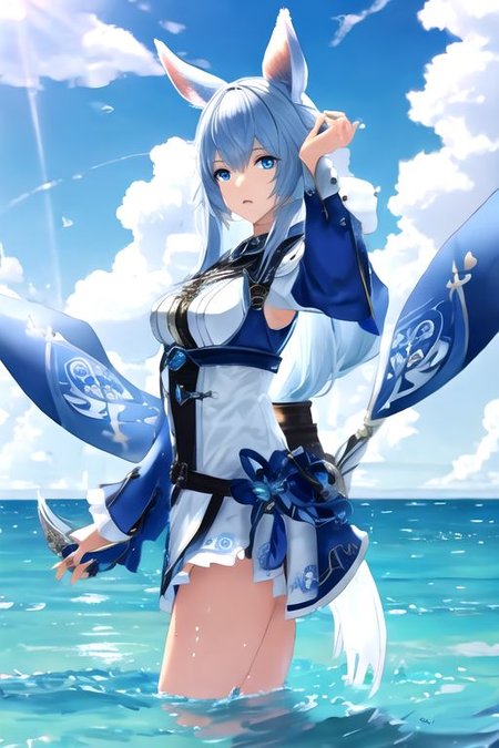 solo, 1girl, solo_focus, (((masterpiece))), ((best quality)), ((ultra-detailed)), ((too_many)):16, high resolution, absurdres, highres, ultra-detailed 8k unity wallpaper, 
1girl, blue eyes, closed mouth, cloud, ffxiv trailer cg, long hair, medium breasts, mouth mask, water