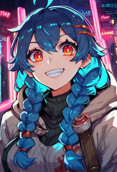 easynegative, Magnus_PS, score_9,score_8_up,score_7_up,1girl,long hair,twin braids,blue hair,ahoge,hooded_sweater,laboratory,neon lights,evil smile,evil,