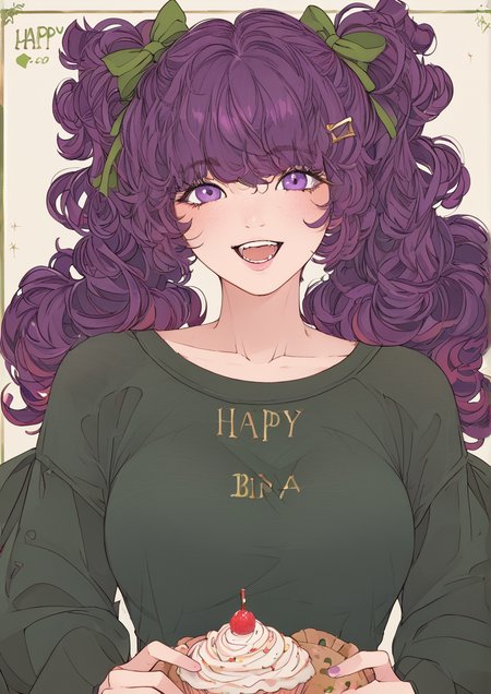 1girl, tedeza rize, huge breast, :d, blush, bow, center frills, character name, cupcake, food, frills, green bow, green ribbon, green shirt, hair between eyes, hair bow, hair ornament, hairclip, happy birthday, holding, holding food, long hair, long sleeves, looking at viewer, open mouth, purple eyes, purple hair, ribbon, shirt, smile, solo, twintails, upper body, very long hair, <lora:EllieMaplefox:1>