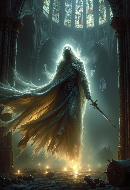 art by Ben Templesmith and hr giger, Fantasy painting of a spectral figure with a long, tattered robe, floating through the air. The ghost is illuminated with a faint beige glow, casting an eerie, ethereal light. Its robe is shredded and flowing, giving a ghostly appearance, and it holds a broken longsword, the blade fractured and jagged. The ghostâs face is shadowy and indistinct, enhancing the haunting effect. The background features a dark, gothic cathedral with towering arches and stained glass windows, shrouded in shadows. The scene is rendered in cel shading, with a dark fantasy aesthetic. The overall mood is ominous and mysterious, highlighting the ancient and worn aspects of the ghost and its surroundings. <lora:Dever_Flux_Enhancer.safetensors:0.5>, <lora:Flux_-_Renaissance_art_style.safetensors:0.5>,   <lora:MJvSX_Flux_LoRa_v1-000096.safetensors:0.7>,  <lora:aiai-Glimra-Flux-Dev-v2.safetensors:0.5>,