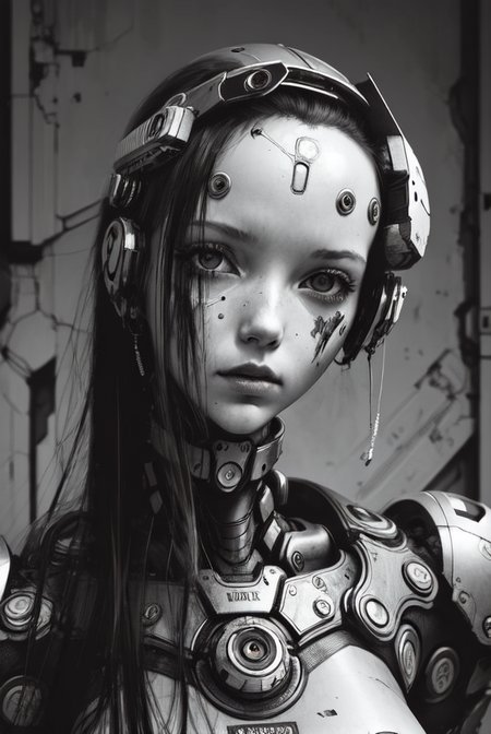 ((masterpiece)), ((best quality)), 1girl, close-up, cyborg, portrait, Empty, ruins, heavy black and white, <lora:Blame!:1>