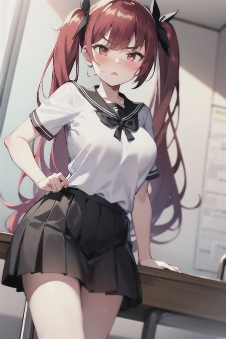 <lora:al_honolulu:0.8> honolulu, 1girl, red hair,  black pleated skirt, white shirt, black ribbon, serafuku, classroom, (angry:0.7), (embarrased:0.7), blush