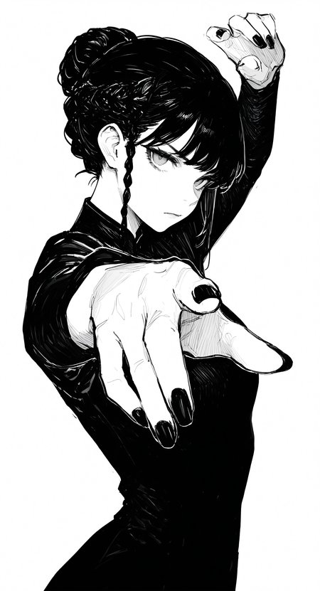 masterpiece, best quality, good quality, very awa, very aesthetic, absurdres, newest, 1girl, solo, looking at viewer, simple background, white background, dress, closed mouth, upper body, monochrome, braid, greyscale, hair bun, nail polish, arms up, fingernails, sketch, outstretched arms, black nails, foreshortening, serious, fighting stance, hatching \(texture\) <lora:ponyv6_noobV1_2_adamW-000017:0.7> <lora:USNR_STYLE_XL_lokr:0.45> <lora:748cmSDXL:0.4> <lora:GBF_Illustrious:0.3>