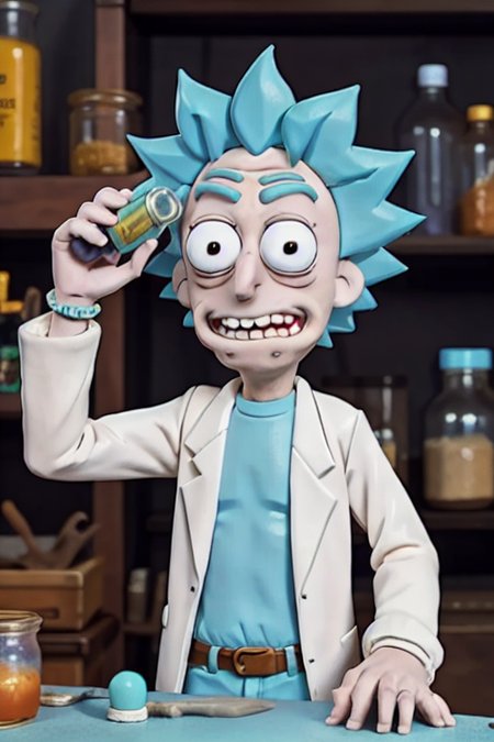 1man, (80's anime style),  <lora:rickSanchezLora_v10:0.4> Rick Sanchez, claymation working as alchemist in a lab, holding a vial, countertop