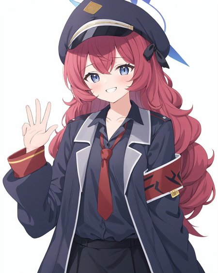 iroha \(blue archive\),1girl, solo, red_necktie, halo, black_shirt, looking_at_viewer, armband, military_hat, military, military_uniform, collared_shirt, grin, simple_background, peaked_cap, black_headwear, long_sleeves, military_jacket, hand_up, white_background, collarbone, star_\(symbol\), open_jacket, black_jacket, loose_necktie, blush, claw_pose, black_skirt, black_ribbon
<lora:iroha_(blue_archive)_image99_batch3_v1-000045:1>,halo,. gorgeous,key visual, vibrant, studio anime,award-winning, professional, highly detailed,high budget, cinemascope