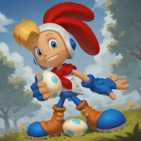 score_9, score_8_up, score_7_up, pinup pose, Expressiveh, looking at viewer, perfect face, colorful, dramatic angle, unique perspective, unique angle, wide angle, grass, egg, holding egg, holding, egg, weird buildings, 1boy, solo, blue gloves, smile, teeth, fingerless gloves, blonde hair, blue eyes, boots, sitting