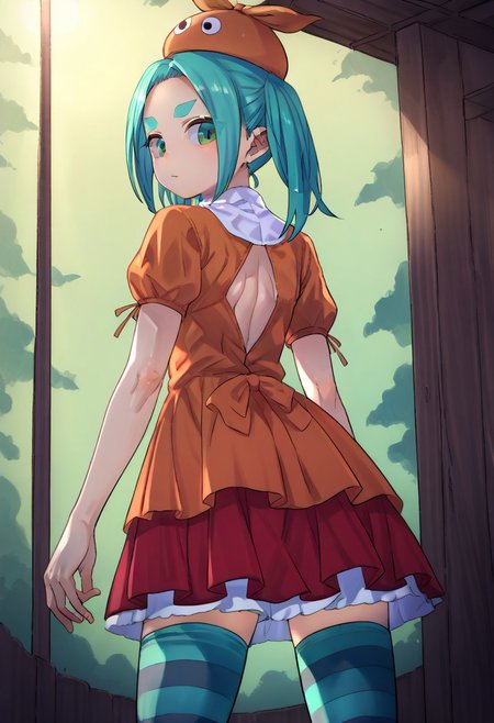 (zPDXL3), 
(zPDXLxxx), 
1girl, 
solo,
ononoki yotsugi, highres, twintails, aqua hair, green eyes, thick eyebrows, orange headwear, orange dress, striped thighhighs, expressionless, 
back,
looking back,
medium shot, 
from below, 
from behind,