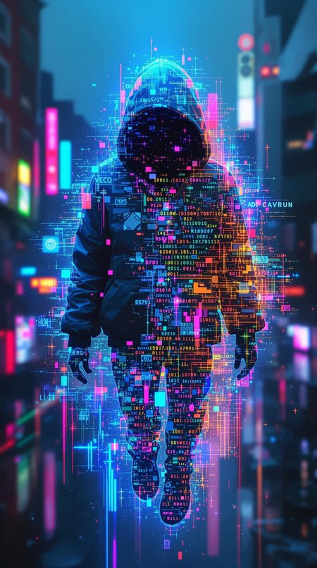 hyper realistic, Full body shot of an 1 hologram spirit, ambiguous gender, jacket, hood, hidden face, glitch, floating, solo, screens, (cyberpunk0.8), futuristic, sci-fi, masterpiece, best quality, amazing quality, very aesthetic, absurdres, newest chromatic_colors, fairytale_landscape, cute_creature, multicolored_fur, unicorn, sitting, rainbow, her form glitching and fracturing as if caught between realities. Her skin appears to shatter like glass, revealing a digital void beneath, with pixels and binary code spilling out. The glitch effect is intense, with vibrant neon colors (electric blue, magenta, and cyan) distorting her figure, creating a surreal, otherworldly atmosphere. The background is cityscape, reflecting the glitching effect. 
(schizophrenia, split personality, surrealism, digital art, cyberpunk aesthetic, psychological horror, ultra-realistic details, dramatic lighting, high contrast, vivid colors, intricate textures), showcasing intricate details throughout, Cinematic, beautiful, vibrant, masterpiece, 32k, ultra HD, ultra-detailed, amazing quality, amazing artist, sharp edges, detailed textures, full view, atmospheric lighting, amazing visuals