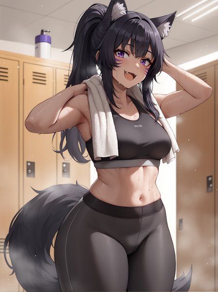 score_9, score_8_up, score_7_up, score_6_up, score_5_up, masterpiece, best quality, high quality, 1girl, solo, <lora:shadow-delta-ponyxl-lora-nochekaiser:0.4>, delta, long hair, black hair, ponytail, animal ears, purple eyes, cat ears, animal ear fluff, facial mark, wolf tail, tail through clothes, 
medium breasts, thick thighs, sports bra, yoga pants, (toned:0.3), sweat, fang, looking at viewer, locker room, happy, towel around neck, exhausted, mid_shot, wiping sweat, towel, wiping face,