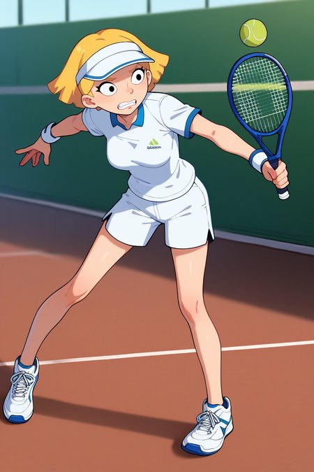 score_9, score_8_up, score_7_up, score_6_up,source_cartoon, BREAK olga pataki, playing tennis, blonde hair, black eyes, short hair, white t-shirt, white shorts, white visor cap,white sneakers, tennis racket, official style, round nose, dynamic pose,clenched teeth, single tennis ball,   <lora:OlgaPony:1>