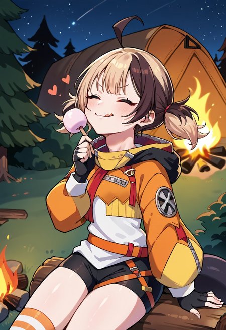 score_9, score_8_up, source_anime, 1girl, solo, GigiMurin, multicolored hair, short twintails, ahoge, orange jacket, cropped jacket, white shirt, black fingerless gloves, orange belt, black shorts, single thighhigh, striped thighhigh, tail, outdoors, campfire, holding marshmallow on a stick, tracing neck bulge, finger on neck, eyes down, (mouth closed), heart, licking lips, :q, proud, smug, (throat bulge:1.45), vore, (swallowing gulp, squirming bulge), starry night sky, camping, forest background, blurred background, sitting on log,