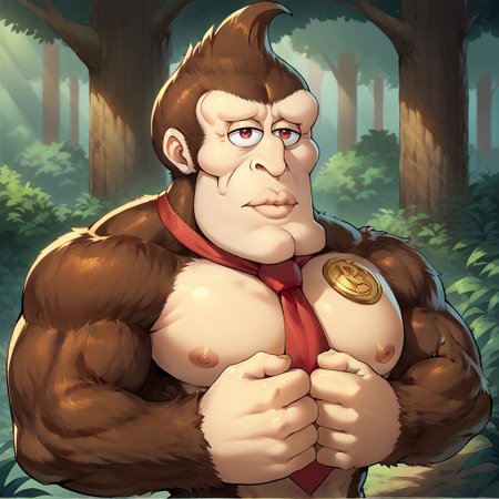 <lora:anipony_XL:0.5>, zPDXLxxx, score_9, score_8_up, score_7_up, SFW, source_anime, rating_general, (anime screenshot, flat coloring), solo, <lora:Donkey_Kong:0.8> donkeykong, brown fur, red tie, necktie, large body, large biceps, teeth, close up, standing next to a tree with hands together, jungle setting, trees plants, alligators in background, detailed background, <lora:handsomize_x_pdxl_v1:1.2> handsomize, looking at viewer