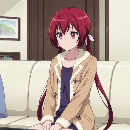 nsfw, masterpiece, best quality,1girl, solo, jokamachi_no_danderaion_akane_sakurada, sitting on sofa, red hair, long hair, red eyes, twintails, ribbon, coat, jacket, at living room, looking at TV, <lora:Akane_Sakurada_-_Jokamachi_no_Danderaion_2:0.7>