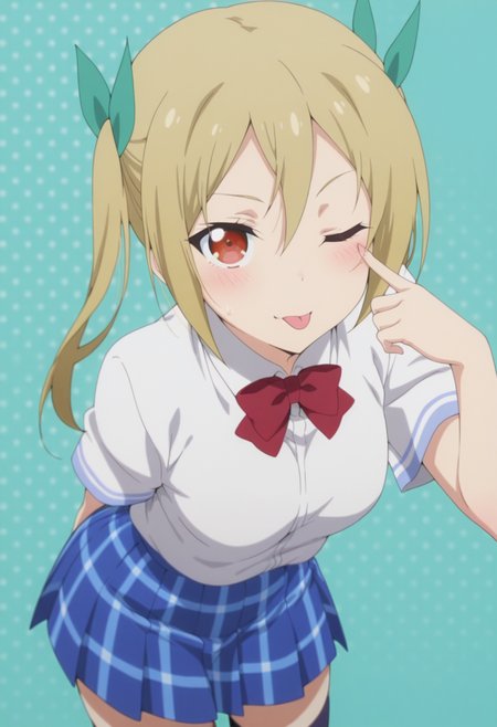 anime screencap, anime coloring, <lora:DX888Akane:1> segawa akane, red eyes, blonde hair, long hair, twintails BREAK hair ribbon, school uniform, white shirt, red bowtie, plaid skirt, blue skirt, thighhighs, BREAK simple background, aqua background,  patterned background, BREAK   1girl, ;p, akanbe, arms behind back,  blush, breasts, cowboy shot,  (eyelid pull:1.3), looking at viewer,  one eye closed, solo, tongue out,  from above, dutch angle, leaning forward,