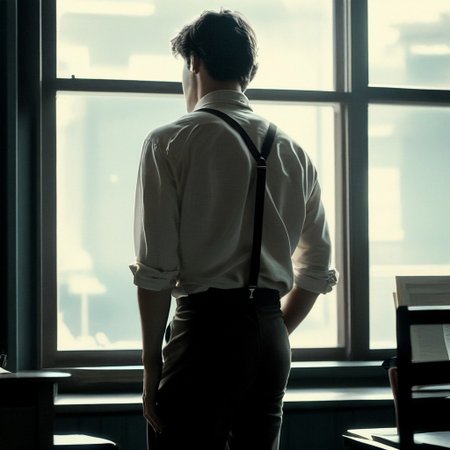 score_9, score_8_up, score_7_up, score_6_up, flmgr, flmgr, film grain, cinematic, cinematic light, 1boy, male focus, window, solo, from behind, indoors, shirt, suspenders, desk, black hair, dutch angle, pants, white shirt, black pants, standing, facing away, realistic