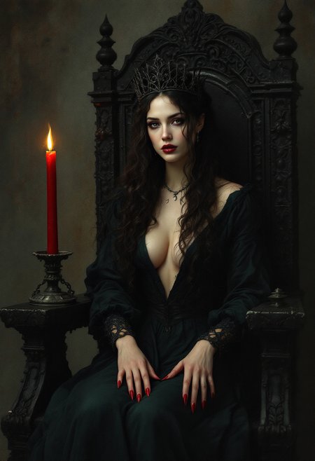 A photorealistic painting in a pre-Raphaelite style, a beautiful queen sitting on a stark black throne, she is wearing a dark green dress with a plunging neckline, she has long sharp fingernails with red fingernail polish, she is wearing a black iron crown, her head is an old wrought iron lantern, a single tall red candle with  a flickering orange flame sheds dim light, chiaroscuro lighting,