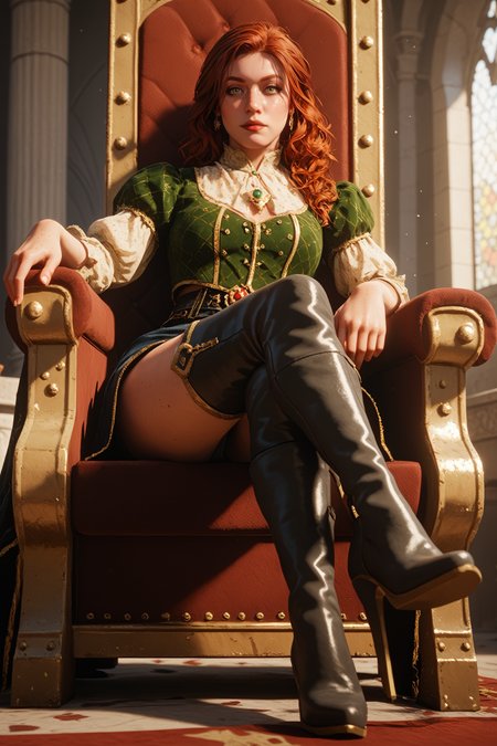 score_9, score_8_up, score_7_up,
<lora:RDR2Molly:0.8>
RDR2Molly, 1girl, red hair, green eyes, long hair, freckles, looking at viewer, sitting, throne, crossed legs, indoors, thigh boots