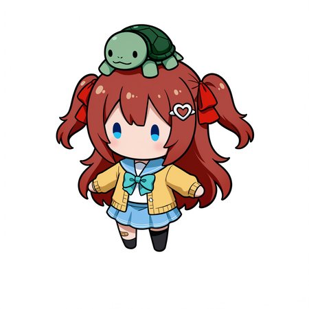 white background, simple background, object on head, turtle, solid oval eyes, chibi, full body, 1girl, brown hair, 1girl, blue eyes, long hair, red hair ribbon, two side up, serafuku, white heart hair ornament, school uniform, yellow cardigan, aqua bow, aqua bowtie, blue skirt, thighhighs, single thighhigh, black thighhighs, uneven legwear, bandaid on knee, asymmetrical legwear, open cardigan<lora:he_is_unaware_of_what_is_occuring_on_his_head_(meme):1>, <lora:NeuroEvilVedalNoob11:0.8>