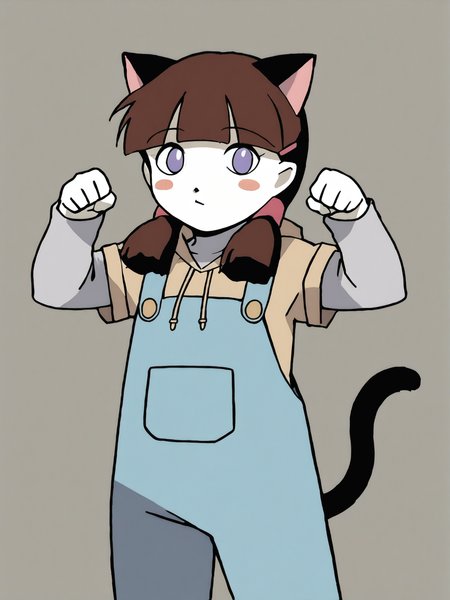 score_9, score_8_up, score_7_up, score_6, source_anime, 1girl,  <lora:BigO_PDXLv1c Tami:0.9> tami_(the_big_o), pale skin, brown hair, blush stickers, purple eyes, twintails, hairclip, blue overalls, tan hoodie, gray long sleeves, standing, (simple background), cat ears, cat tail, paw pose, 1990s \(style\), uwu, :3:.1.2