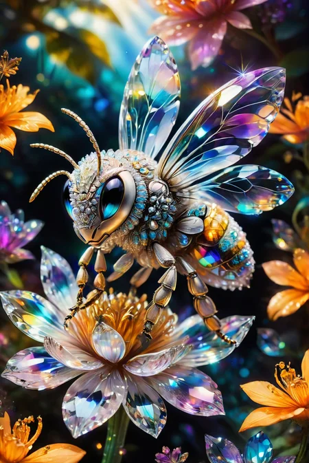 A close-up of a vibrant, colorful crystal flower with intricate, detailed petals. A delicate bee rests on the flower, its wings displaying a spectrum of iridescent colors. The background is softly blurred, creating a dreamy, surreal, and magical atmosphere that enhances the focus on the crystal flower and bee. The scene captures the essence of a fantastical, otherworldly garden, with the hyper-realistic details of the flower and bee bringing the image to life.
close-up, crystal flower, vibrant colors, detailed petals, intricate, bee , iridescent wings, soft blurred background, dreamy, surreal, magical, hyper-realistic, fantastical, otherworldly, garden, enchanting, detailed, colorful, captivating, whimsical, ethereal, vivid, nature-inspired, fairy tale-like.
<lora:ral-swarcrystl-sdxl:0.8> ral-swarcrystl,
<lora:add-detail-xl:1.0>,
<lora:EnvyBetterHiresFixXL01:1.0>,
<lora:extremely_detailed:1.0>, extremely detailed,
<lora:EldritchMixIllustration_1.1:0.25>,
<lora:SDXLFaeTastic2400:0.6>,