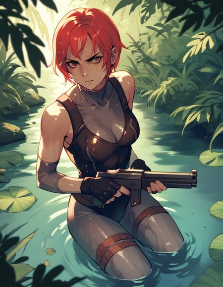 <lora:regina-dc-ponyxl-000050:1> regina, bodysuit under clothes, fingerless gloves, leotard, detached sleeves,
shotgun, partially submerged, sweat, wet, river, jungle, score_9, score_8_up, score_7_up, score_6_up, score_5_up, score_4_up