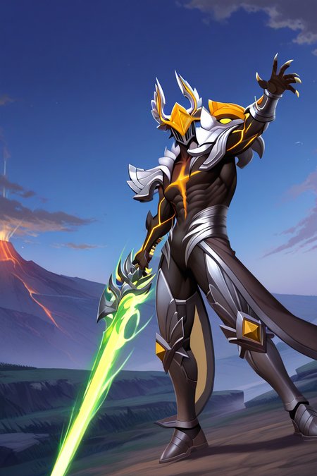 realistic shading, backlighting, dramatic lighting, looking at viewer, helmetted black-skinned male focus, argusld, grey-yellow_argusld_winged helmet, 1helmetted male, pokemon (creature), holding sword, energy blade, fighting stance, outstretched arm, confident pose, dynamic pose, yellow_argusld_scar on torso, yellow_argusld_claws, yellow_argusld_arm veins, grey_argusld_shoulder armor, grey-yellow_argusld_single bird-headed pauldron, grey-yellow_argusld_single vambrace, grey-brown-yellow_argusld_armored waist cloth, grey-yellow_argusld_greaves, glowing, shadow, day outdoors magma, molten rock, volcano, dutch angle, dynamic angle, dynamic action, intricately detailed illustration, cinematic, depth of field, atmospheric perspective, masterpiece, best quality, amazing quality, very aesthetic, absurdres, newest