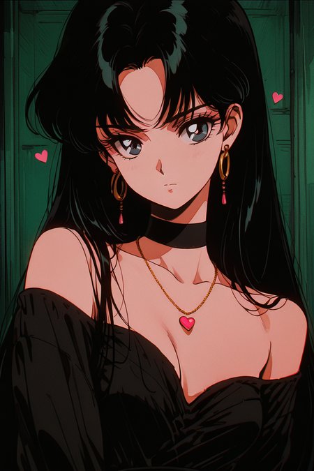 masterpiece, best quality, 1girl, solo, eyelashes, (beautiful eyes),   1girl, solo, long hair, looking at viewer, bangs, black hair, dress, bare shoulders, jewelry, collarbone, upper body, heart, earrings, choker, necklace, off shoulder, black eyes, black dress, parted bangs, black choker, film grain, long hair, looking at viewer, black hair, bare shoulders, upper body, off shoulder, black dress, black choker, hoop earrings, 1980s (style), film grain, hino rei  ,<lora:GothRetroIXL:1.0>,