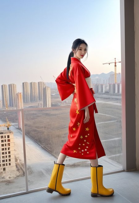 FOTOREALISTIC, long_straight black hair, beautiful chinese_lady, tall, red_chinese_kimono_with_yellow_stars, apartment_under_construction, tools, building_material, background window_Beijing with one construction crane, sexy_red_boots, score_9, score_8_up, score_7_up, score_6_up, score_5_up, score_4_up, UHD, 8K, masterpiece, ultra-realistic, Ultra detailed photorealistic background, photoreal, realistic high detailed beautiful face, anatomic correct bodies, ultra_high_resolution, Extremely Realistic, lots of detail, full_body_visible, emty_hands, hands_hidden.